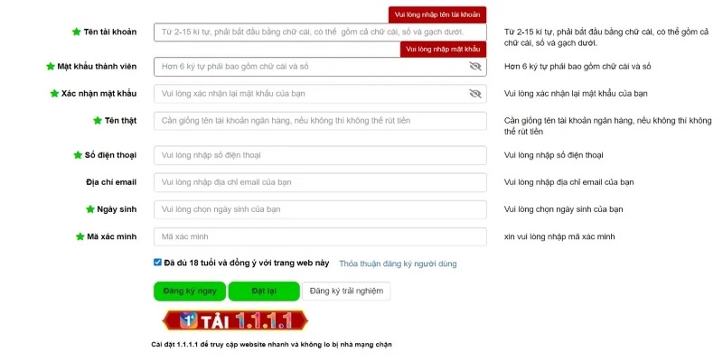 Khách hàng điền đầy đủ thông tin để tạo tài khoản tại Good88
